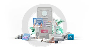 Web UI UX app Design Teamwork concept 3D illustration. Team People Building Creating Application User interface Front view