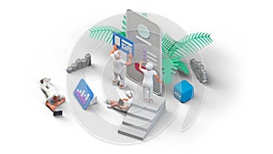 Web UI UX app Design Teamwork concept 3D illustration. Team People Building Creating Application User interface Isometric view