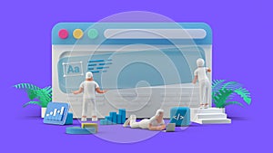 Web UI UX Design Teamwork concept 3D illustration. Team People Building Creating website User interface Front view