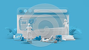 Web UI UX Design Teamwork concept 3D illustration. Team People Building Creating website User interface Front view