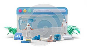 Web UI UX Design Teamwork concept 3D illustration. Team People Building Creating website User interface Front view