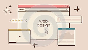 Web UI UX design. Web design concept banner in retro style. Studio prototyping or coding web page or mobile app. Online