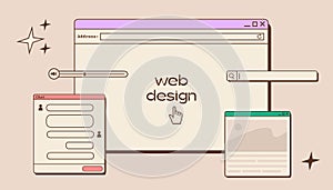 Web UI UX design. Web design concept banner in retro style. Studio prototyping or coding web page or mobile app. Online