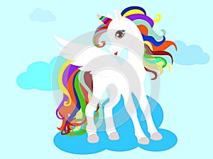 Web unicorn face. vector unicorn on a blue cloud and in the sky. flying horse with wings.