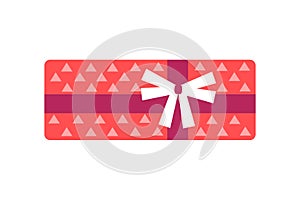 Web Vector flat icon of an elegant rectangular red gift box with white bow. Gift box with triangles pattern. Element of decoration