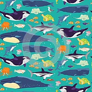 Vector flat seamless pattern with hand drawn marine animals, fish,amphibia isolated on blue background.