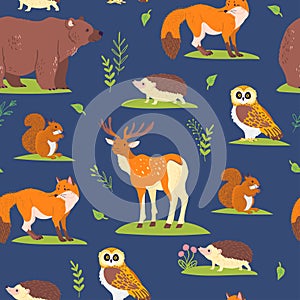 Vector flat seamless pattern with wild forest animals, birds and floral elements isolated on blue background. Owl, bear, fox.