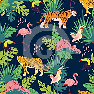 Vector flat tropical seamless pattern with hand drawn jungle plants and elements, animals, birds isolated.