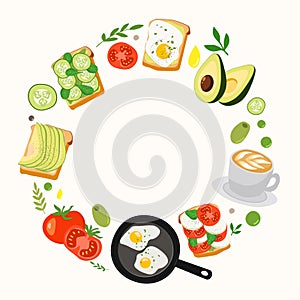 Vector illustration with breakfast ideas, avocado toast, fried egg, coffee and vegetables in the form of circle