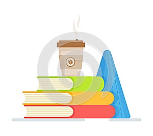 Vector illustration of school book concept with coffee and cone. Reading, education, and knowledge. E-book, literature, encycloped