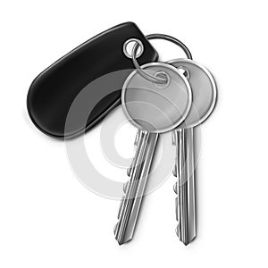 Two silver keys for the door with black keychain. Top view. Illustration isolated on white background