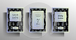 Wedding invitation template set. Design with hand drawn floral pattern.