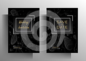 Wedding invitation template set. Elegant black design with hand drawn graphic