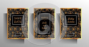 Wedding invitation template set. Gold with black design with hand drawn floral pattern