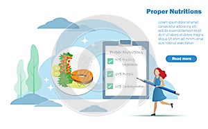 Woman checking list of daily proper nutritions with plate of healthy foods balancing between carbohydrates, protein, fruits and ve