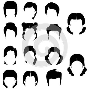 Web Women hairstyle wigs false and natural hair pieces front and back view black icons collection isolated vector illustration