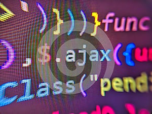 Web working on computer. Web development code background. Data encryption security code on a computer display, close up. Binary