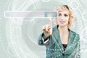 Web and www concept. Business woman with empty address bar with search icon in virtual web browser on blue high tech background