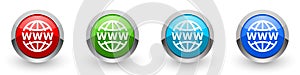 Web, www and internet silver metallic glossy icons, set of modern design buttons for web, internet and mobile applications in four