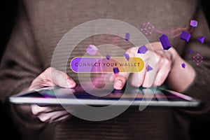 Web3 Technology Concept. Hand Using Tablet to Connect Digital Wallet. Smart, E-wallet, Financial and Economy for a New World