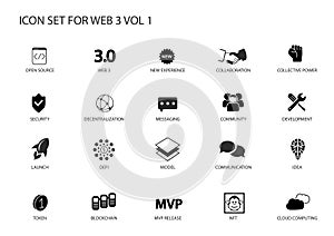 Web3 or Web 3.0 vector icon set. A collection of various symbols for the semantic web or web3 topic for infographics