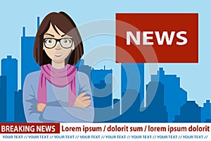 WebAnchoworman on tv broadcast news. Breaking News vector illustration. Media on television concept. Flat vector