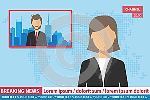 WebAnchoworman on tv broadcast news. Breaking News vector illustration. Media on television concept. Flat vector