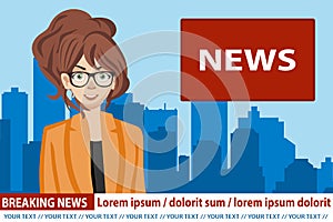 WebAnchoworman on tv broadcast news. Breaking News vector illustration. Media on television concept. Flat vector