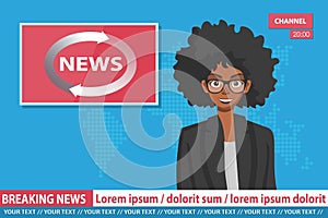 WebAnchoworman on tv broadcast news. Breaking News vector illustration. Media on television concept. Flat vector