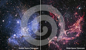 Webb and Hubble space telescopes side by side comparisons visual gains. Nebula NGC 346