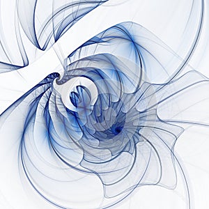A webbed transparent blue spiral unwinds on a white background. 3D rendering. Abstract fractal monochrome background