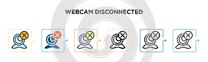 Webcam disconnected vector icon in 6 different modern styles. Black, two colored webcam disconnected icons designed in filled,