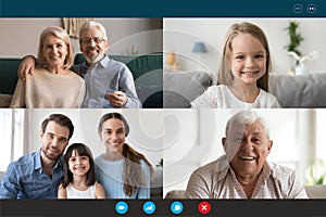 Webcam laptop screen view multigenerational family involved in videocall communication