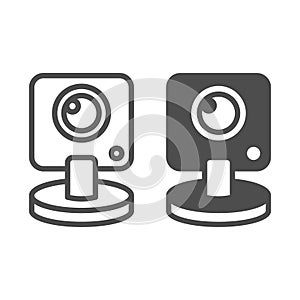 Webcam with microphone line and solid icon, portable electronics device concept, computer video camera sign on white