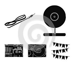 Webcam, motherboard and other equipment. Personal computer set collection icons in black style vector symbol stock