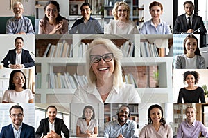 Webcam view people engaged in videoconference lead by mature businesswoman photo