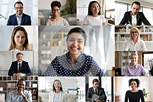 Webcam screen view multiracial businesspeople involved in group videoconference meeting