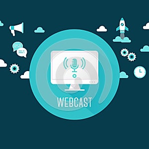 Webcast or Live Stream Illustration. Computer with Microphone Icon Surrounded by Technology and Communication Icons