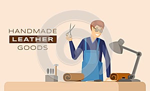 WebHandmade leather goods banner vector template. Professional craftsmanship service, skinner workshop advertising