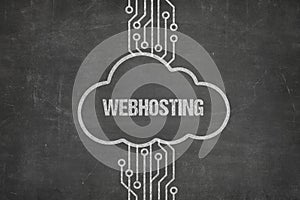 Webhosting text on blackboard with cloud symbol