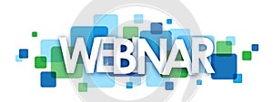 WEBINAR blue and green overlapping squares banner