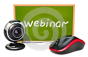 Webinar concept with blackboard, computer mouse and webcam. 3D r