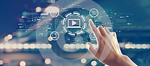 Webinar concept with hand pressing a button