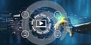 Webinar concept with hand pressing a technology screen