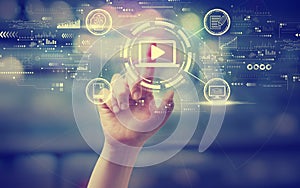 Webinar concept with a hand pressing a button