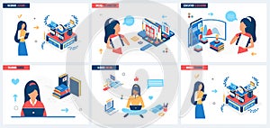 Webinar course, online education set, students study information in virtual classroom