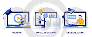 Webinar, digital classroom, online teaching concept with tiny character and icons. Internet classes abstract illustration set. Edu