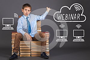 Webinar education concept. The young engineer demonstrates the p