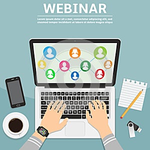 Webinar flat design concept illustration. Man hands typing on the laptop and social icons on screen.