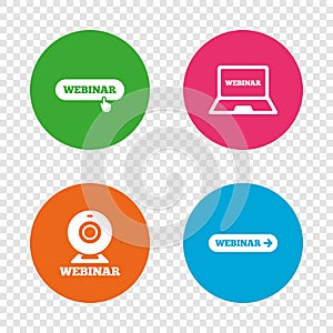 Webinar icons. Web camera and notebook pc signs.